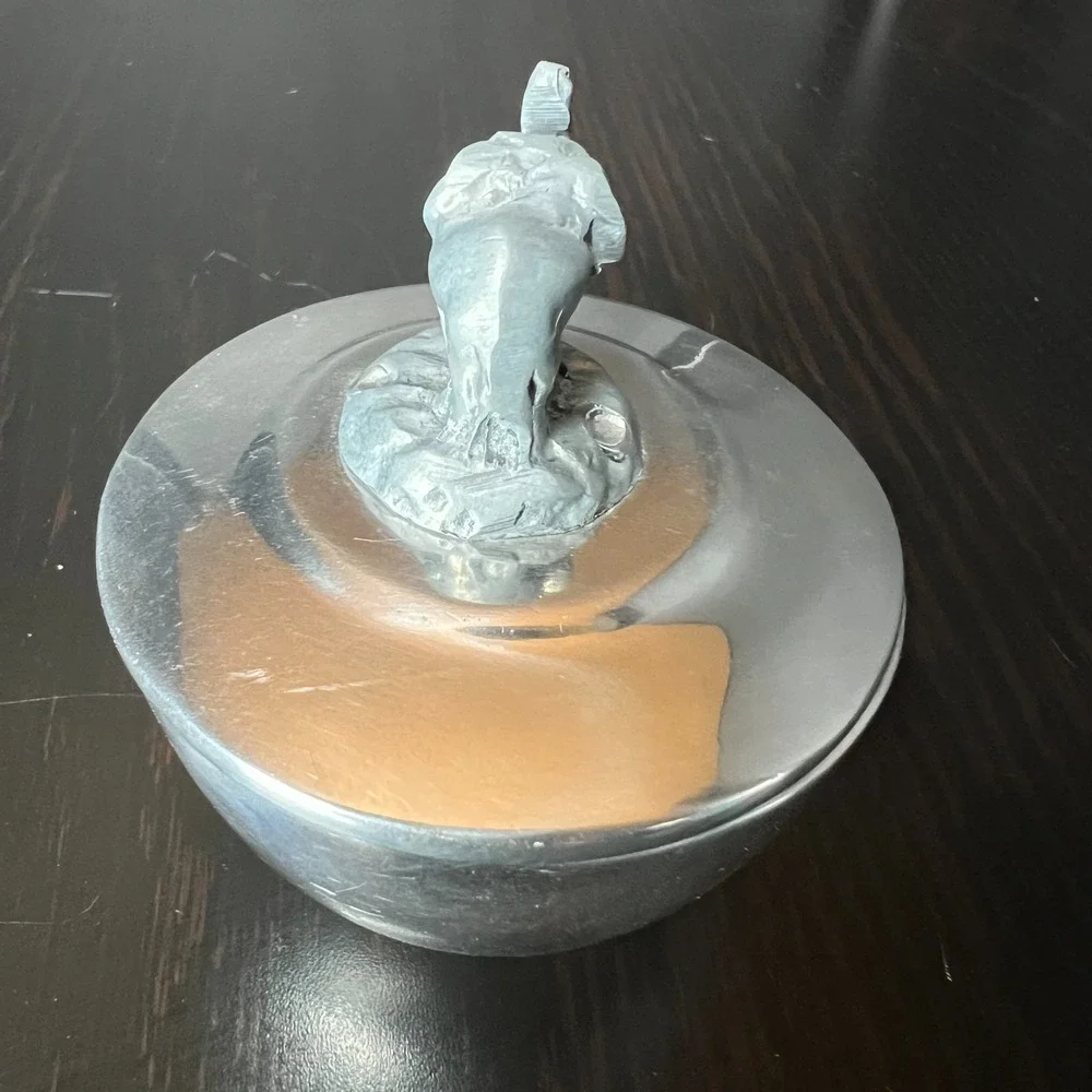 Vintage Aluminum Elephant Lid Trinket Dish Lidded Bowl Mid Century Safari Decor‎